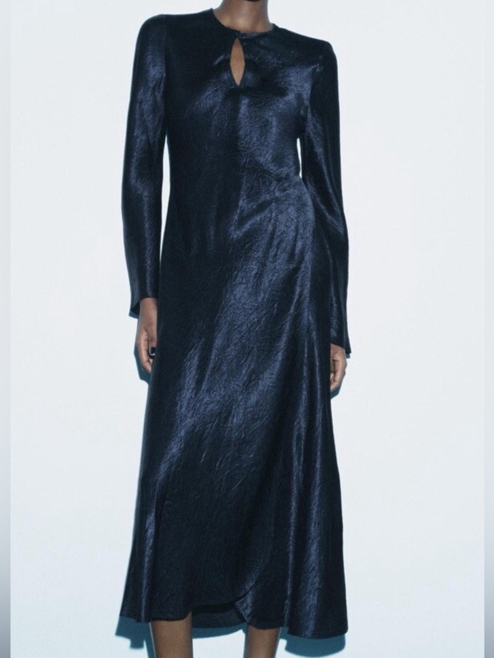 Zara Midnight Blue Long-Sleeve Midi Wrap Dress Size Small